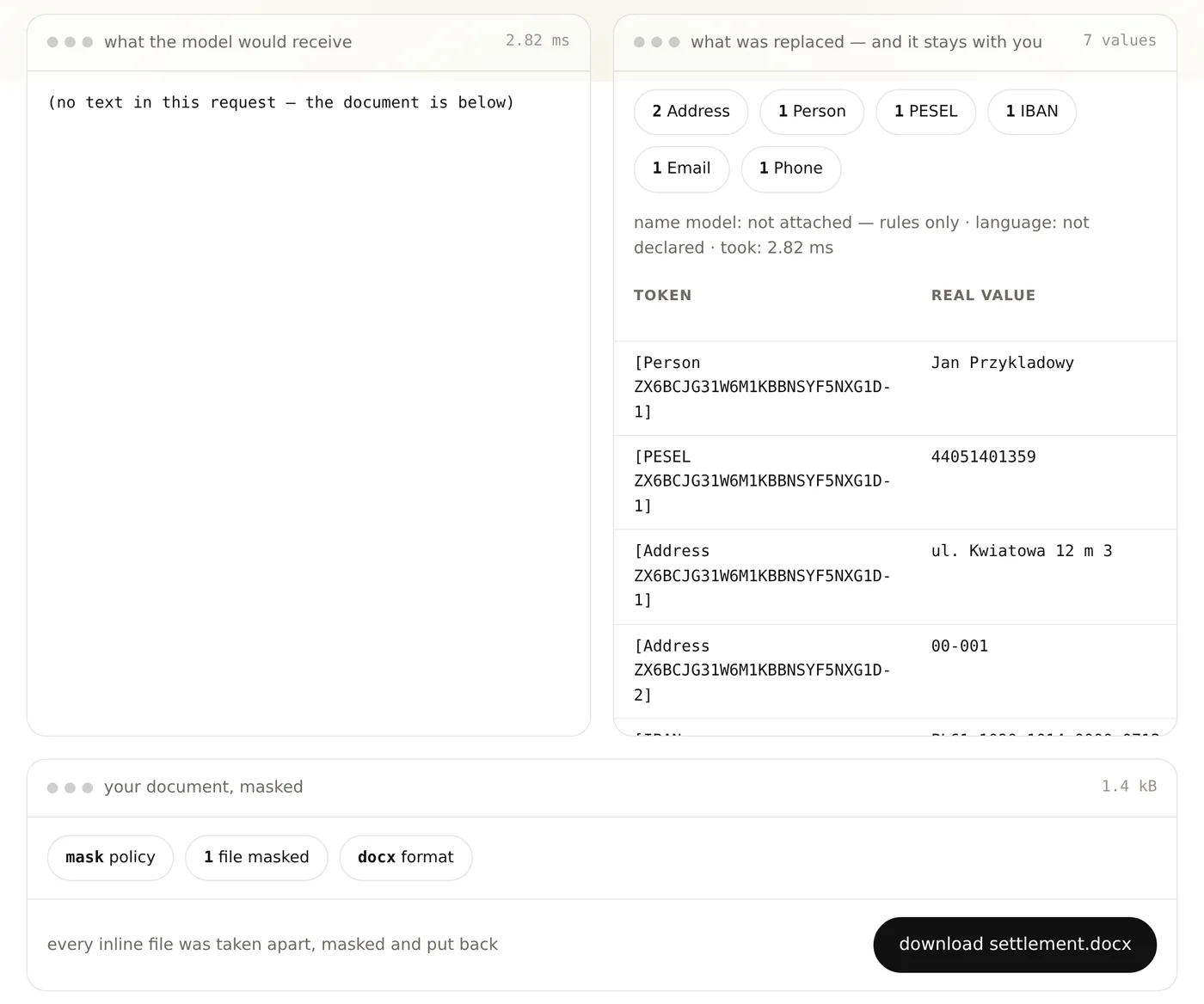 The gateway page after masking a Word document: seven values replaced — an address, a person, a PESEL number, an IBAN, an email address and a phone number — and a button to download the masked document