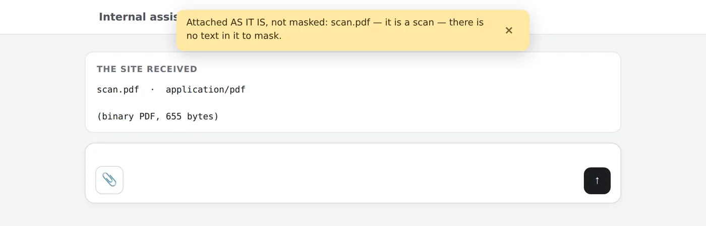 A banner at the top of a chat page: attached as it is, not masked, scan.pdf, it is a scan and there is no text in it to mask