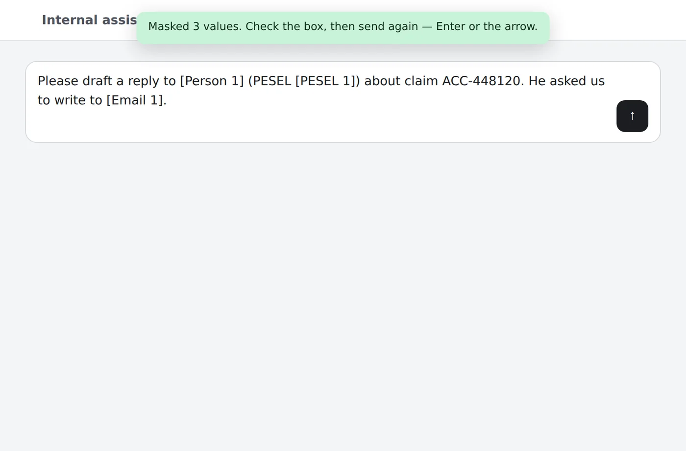 The prompt box holding tokens such as [Person …], [PESEL …] and [Email …] instead of the values, with a note to send again