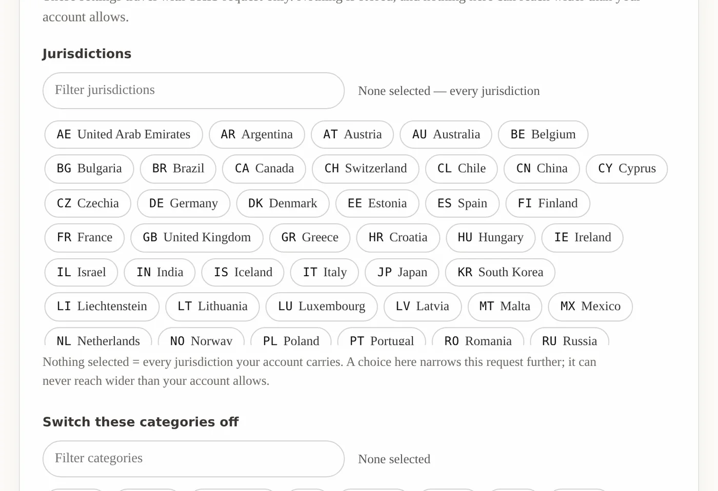 Lists of jurisdictions and categories loaded from the gateway