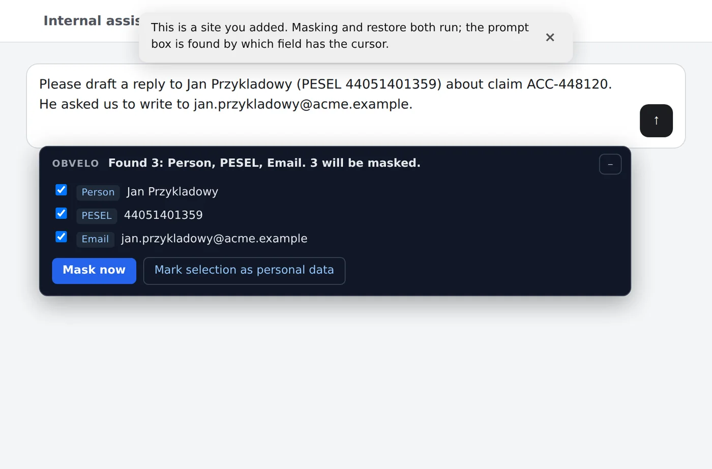 The add-on's panel under a chat prompt, listing a person, a PESEL number and an email address, each ticked to be masked