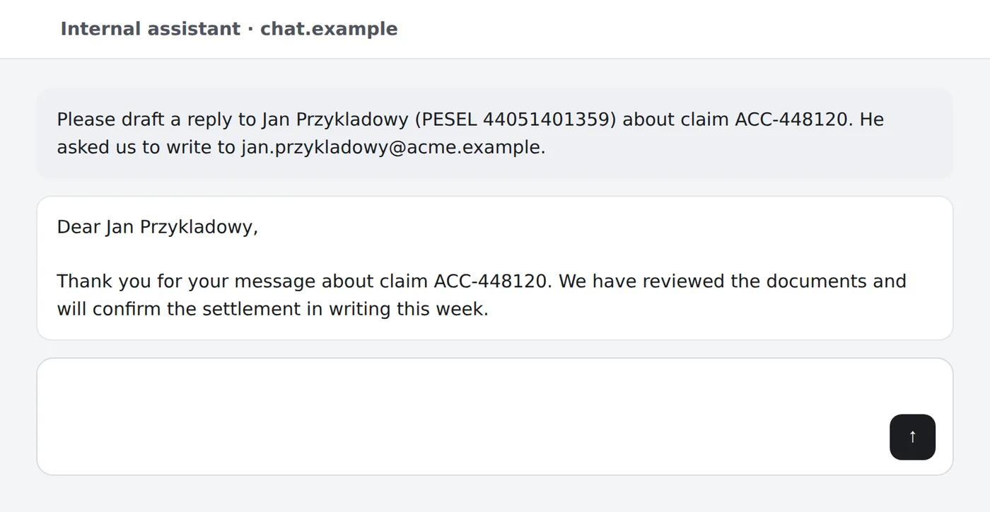 The chat after sending: the user's message and the model's reply both show the real name again