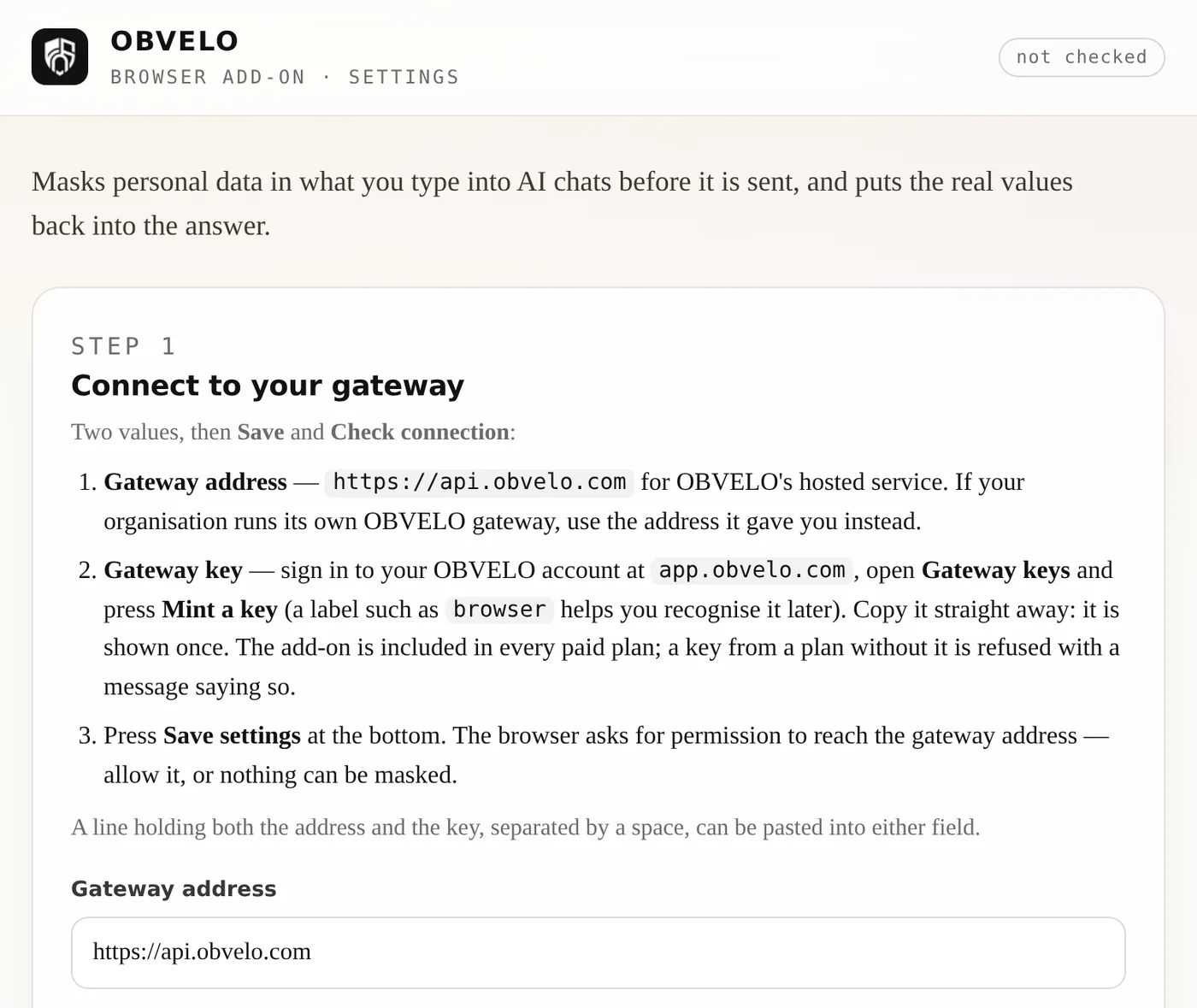 The add-on's settings: gateway address, gateway key, live preview on, wait time, mask on Enter, and the two personal lists