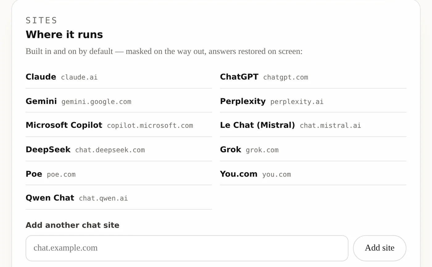 The sites section: eleven built-in chat sites and a field to add another